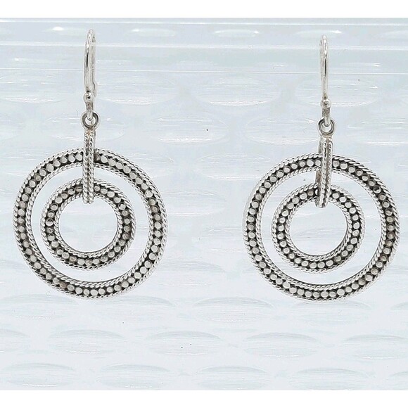 Signed Anna Beck 925 Silver Double Open Circle Dotted Spinner Dangle Earrings - Picture 1 of 5